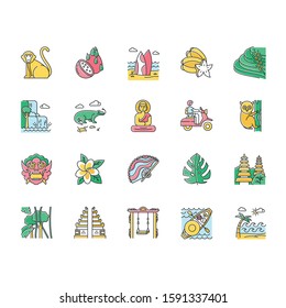 Indonesia color icons set. Tropical country animals. Trip to Indonesian islands. Exploring exotic culture. Unique fruits and plants. Nature and architecture wonders. Isolated vector illustrations