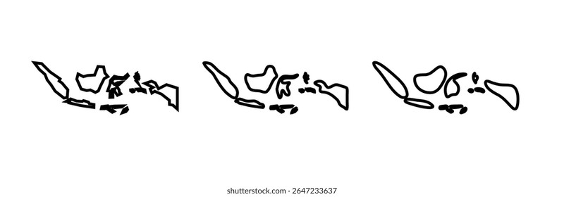 Indonesia country black outline silhouettes in three different levels of smoothness. Simplified maps. Vector icons isolated on white background.
