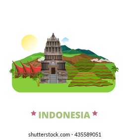 Indonesia country design template. Flat cartoon style historic sight showplace web site vector illustration. World travel sightseeing Asia collection. Prambanan Hindu, Ubud, Toraja Land, Mount Bromo.