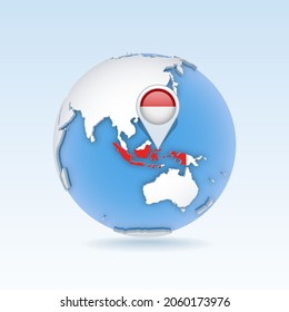 Indonesia - country map and flag located on globe, world map. 3D Vector illustration