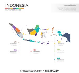 Indonesia country map infographic colored vector template with regions and pointer marks