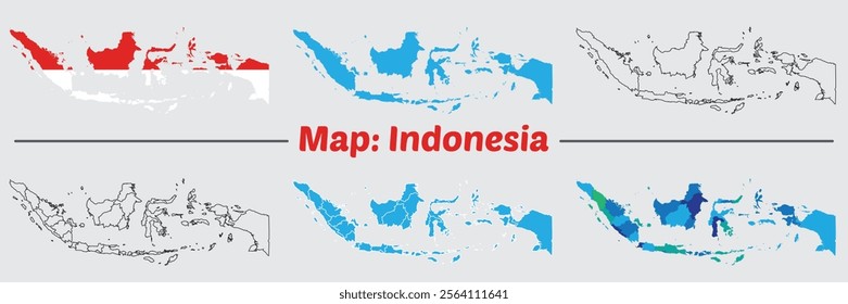 Indonesia country map set. internal provinces borders marked, Simple map of Indonesia vector drawing, Filled and outline.