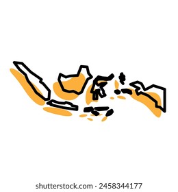 Indonesia country simplified map. Orange silhouette with thick black sharp contour outline isolated on white background. Simple vector icon