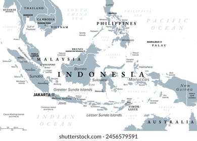 Indonesia, a country in Southeast Asia and Oceania, gray political map. Republic and archipelago with capital Jakarta, and largest islands Sumatra, Java, Sulawesi, and parts of Borneo and New Guinea.