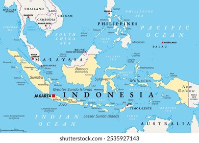 Indonésia, um país do Sudeste Asiático e Oceania, mapa político. República e arquipélago com capital Jacarta, e as maiores ilhas Sumatra, Java, Sulawesi, e partes de Bornéu e Nova Guiné.