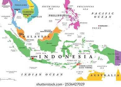 Indonesia, country in Southeast Asia and Oceania, colored political map. Republic and archipelago with capital Jakarta, and largest islands Sumatra, Java, Sulawesi, and parts of Borneo and New Guinea.