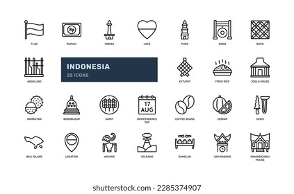 indonesia country tradition and culture for independence day detailed outline line icon set