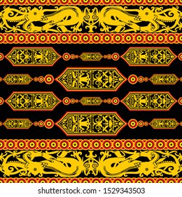 Indonesia Dayak/Borneo Shield Batik Background Pattern Vector in Gold, Red And Black Combination Color