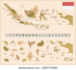 Indonesia - detailed map of the country in brown colors, divided into regions. Vector illustration