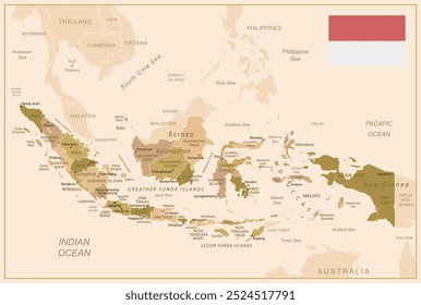 Indonesia - detailed map of the country in brown colors, divided into regions. Vector illustration