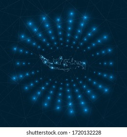 Indonesia digital map. Glowing rays radiating from the country. Network connections and telecommunication design. Vector illustration.