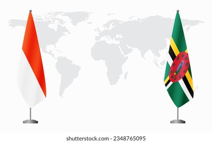 Indonesia and Dominica flags for official meeting against background of world map.