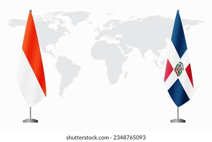 Indonesia and Dominican flags for official meeting against background of world map.