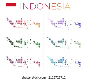 Indonesia dotted map set. Map of Indonesia in dotted style. Borders of the country filled with beautiful smooth gradient circles. Classy vector illustration.