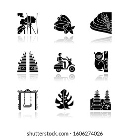 Indonesia drop shadow black glyph icons set. Tropical country animals. Trip to Indonesian islands. Exotic wildlife. Unique flora, fauna. Bali sightseeing, architecture. Isolated vector illustrations