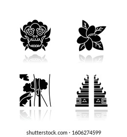 Indonesia drop shadow black glyph icons set. Tropical country plants. Vacation in Indonesia. Exploring traditions, culture. Unique flora. Bali sightseeing, architecture. Isolated vector illustrations