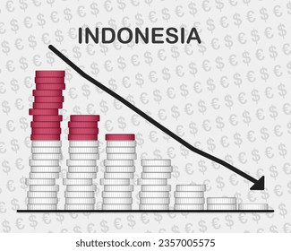 Indonesia economic collapse, decreasing values with coins, crisis and downgrade concept, Indonesia flag with changes, falling arrow, news banner idea, fail and decrease, financial decline