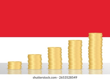 Economia da Indonésia. Bandeira da Indonésia com Pilha de Moedas. Conceito financeiro e de investimento. Ilustração de vetor.  