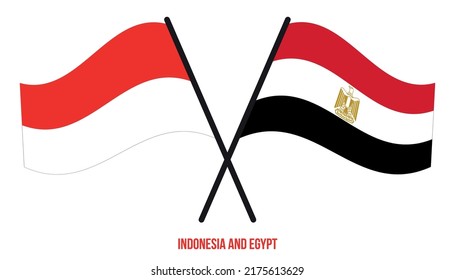 Banderas de Indonesia y Egipto cruzadas y ondeando estilo plano. Proporción oficial. Colores correctos.