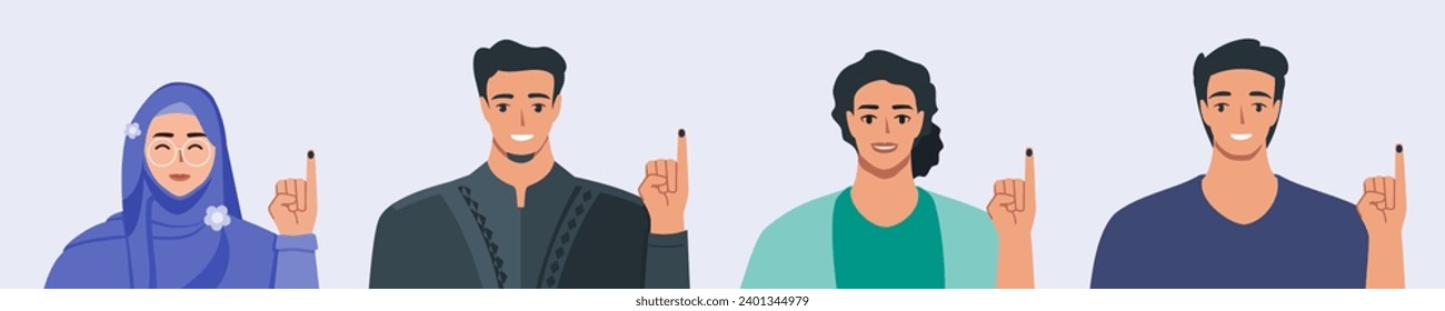 Indonesia Election 2024, Man and Woman Showing Index Finger with Indelible Electoral Ink Stain after Voting Pemilu or General Election.