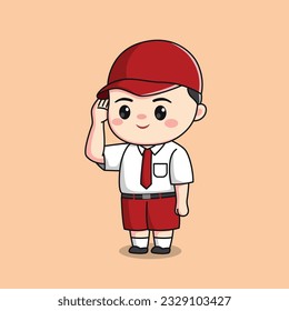 indonesia elementary school student saluting cute boy chibi kawaii character