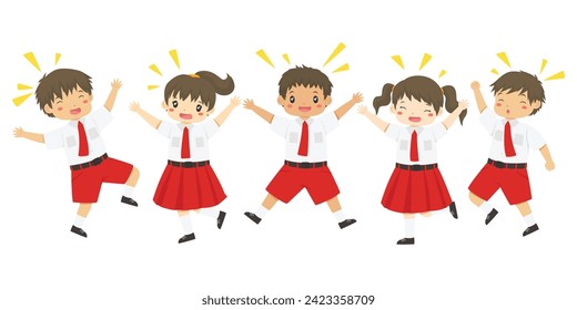 Vector de caracteres de estudiantes de primaria de Indonesia. Estudiantes felices con uniformes rojos y blancos saltando alegremente.