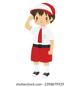 Indonesia elementary student character vector. Happy boy student wearing Indonesia school uniform saluting. Salute hand gesture, in white background.