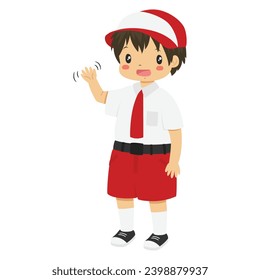 Indonesia elementary student character vector. Boy student wearing Indonesia school uniform waving his hand, in white background.