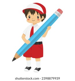 Vector de caracteres de estudiantes elementales de Indonesia. Niño feliz estudiante con uniforme escolar en Indonesia sosteniendo un gran lápiz azul, de fondo blanco.