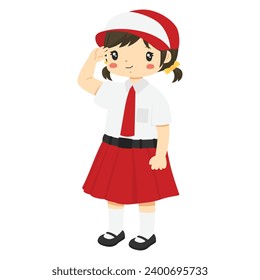 Indonesia elementary student character vector. Happy girl student wearing Indonesia school uniform saluting. Salute hand gesture, in white background.