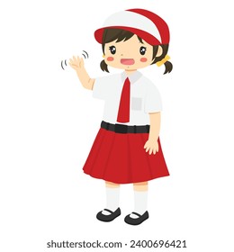 Vector de caracteres de estudiantes elementales de Indonesia. Niña feliz estudiante con uniforme escolar en Indonesia, con la mano en fondo blanco.