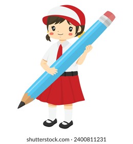 Indonesia elementary student character vector. Happy girl student wearing Indonesia school uniform holding a big blue pencil, in white background.