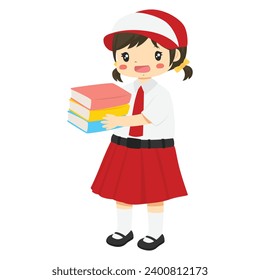 Vector de caracteres de estudiantes elementales de Indonesia. Niña feliz estudiante con uniforme escolar en Indonesia sosteniendo una colorida pila de libros en sus manos, de fondo blanco.