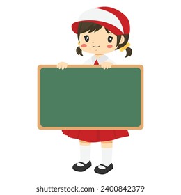 Vector de caracteres de estudiantes elementales de Indonesia. Niña feliz estudiante con uniforme escolar en Indonesia sosteniendo una pizarra verde, de fondo blanco.
