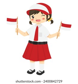 Indonesia elementary student character vector. Happy girl student wearing Indonesia school uniform holding two Indonesian flags, in white background.
