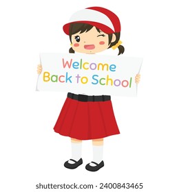 Indonesia elementary student character vector. Happy girl student wearing Indonesia school uniform holding a colorful "Back To School" banner, in white background.