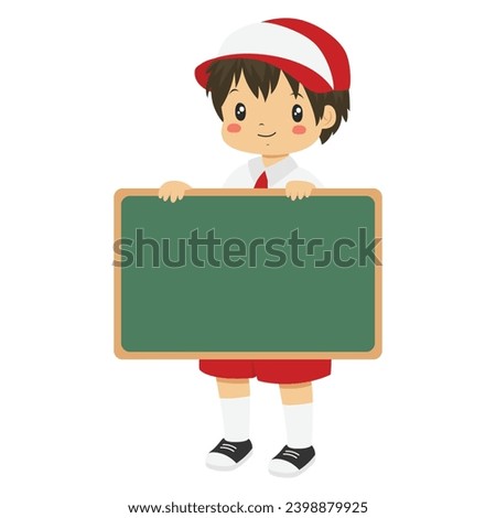 Indonesia elementary student character vector. Happy boy student wearing Indonesia school uniform holding a green chalkboard, in white background.