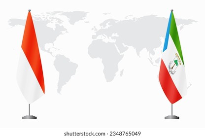 Indonesia and Equatorial Guinea flags for official meeting against background of world map.