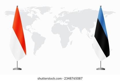 Indonesia and Estonia flags for official meeting against background of world map.