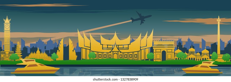Indonesia famous landmark in back of river and yacht in scenery design,travel destination,silhouette design, yellow blue and green color,vector illustration