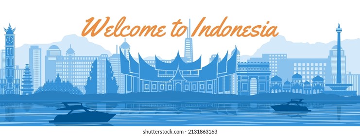 Indonesia Famous Landmark With Blue And White Color Design,vector Illustration