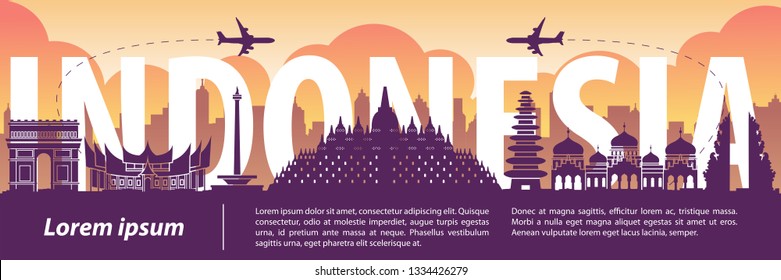 Indonesia Famous Landmark Silhouette Style,text Within,travel And Tourism,purple And Orange Tone Color Theme,vector Illustration