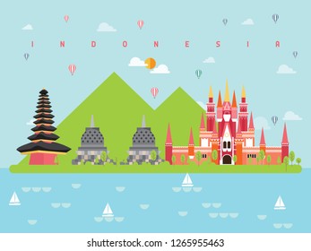Indonesia Famous Landmarks Infographic Templates for Traveling Minimal Style and Icon, Symbol Set Vector Illustration Can be use for Poster Travel book, Postcard, Billboard.