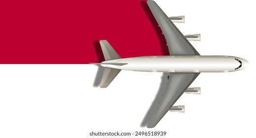Indonesia flag with airplane flying over it close up. Vector image.