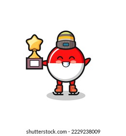 indonesia flag badge cartoon as an ice skating player hold winner trophy , cute style design for t shirt, sticker, logo element