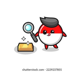 el personaje de la indonesia bandera badge está revisando la autenticidad del lingote de oro , diseño de estilo lindo para camiseta, pegatina, elemento logo
