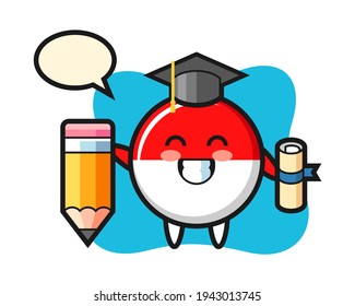 Indonesia flag badge illustration cartoon is graduation with a giant pencil