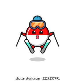 badge du drapeau indonésien caractère mascotte comme joueur de ski , design de style mignon pour t-shirt, autocollant, élément logo