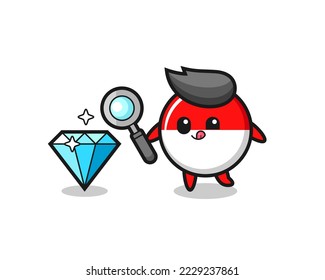 indonesischer Flaggen-Badge Maskottchen überprüft die Echtheit eines Diamanten , süße Stilgestaltung für T-Shirt, Aufkleber, Logo-Element