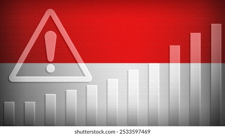 Indonesia flag with burlap texture, warning sign, and rising bar chart symbolizing increasing risk or growth challenges in the country. Ideal for data presentations.